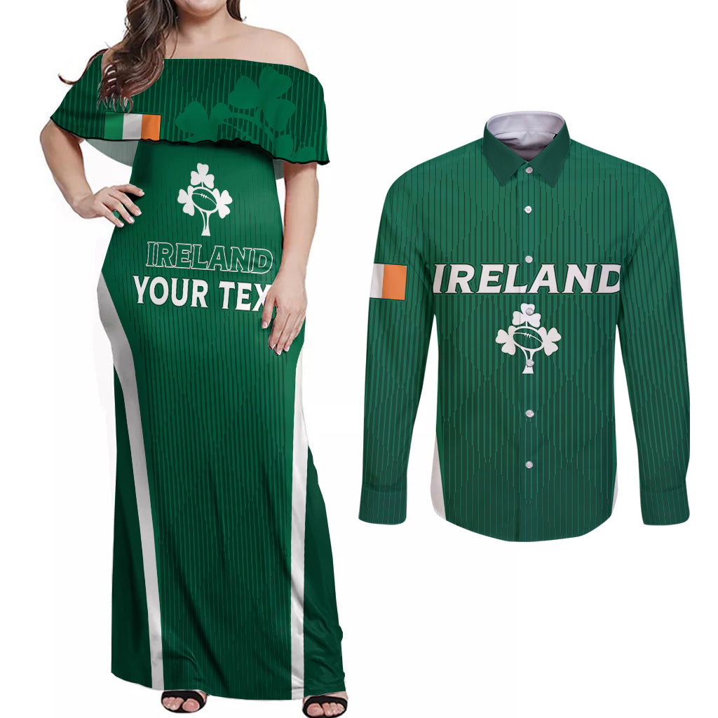 Personalised Ireland Rugby Couples Matching Off Shoulder Maxi Dress and Long Sleeve Button Shirts World Cup 2023 GO Shamrocks LT7 - Wonder Print Shop