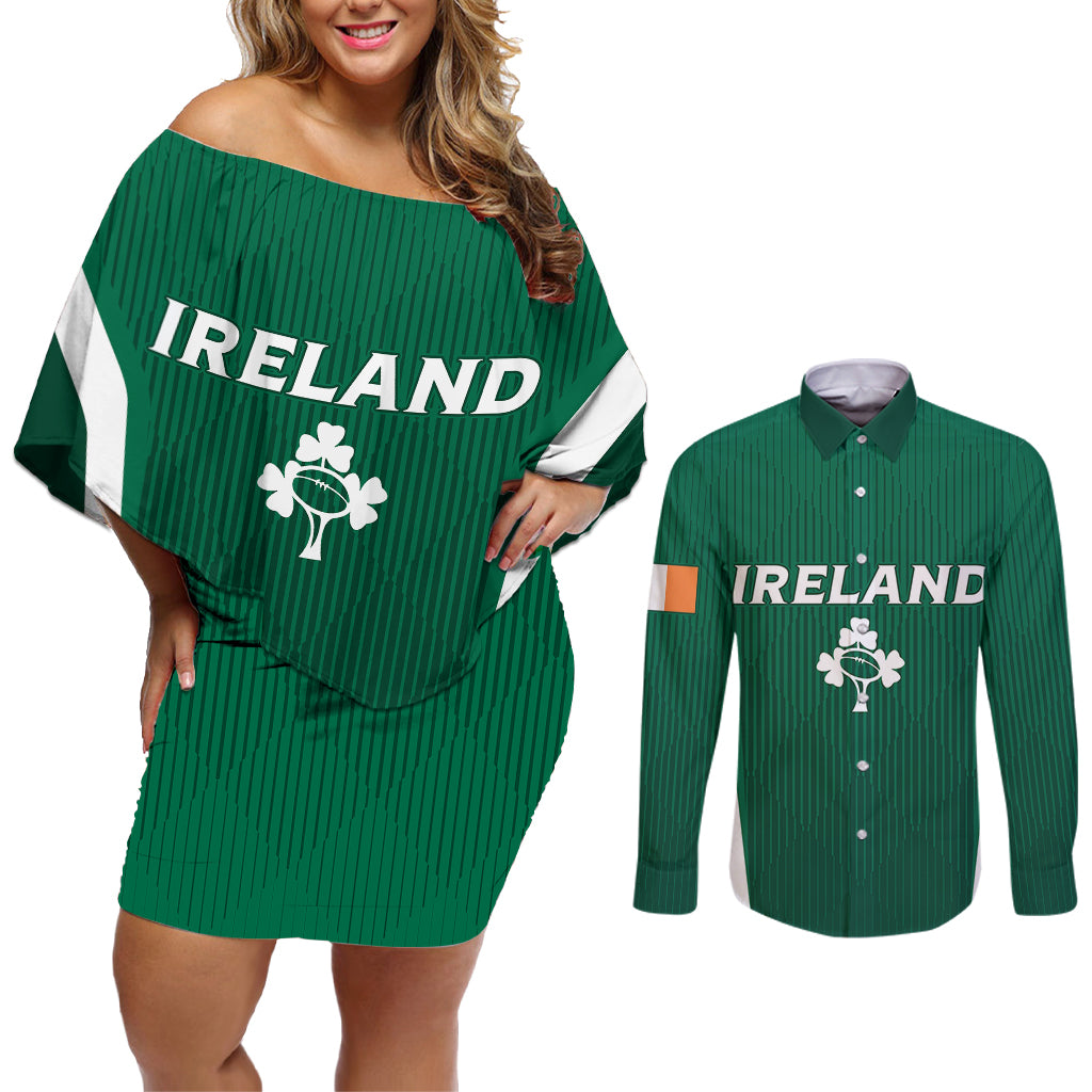 Personalised Ireland Rugby Couples Matching Off Shoulder Short Dress and Long Sleeve Button Shirts World Cup 2023 GO Shamrocks LT7 - Wonder Print Shop