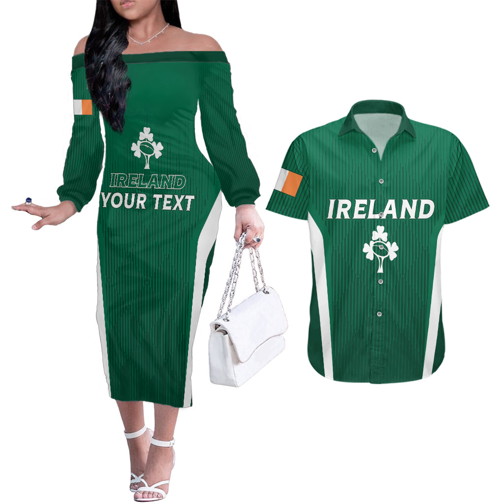 Personalised Ireland Rugby Couples Matching Off The Shoulder Long Sleeve Dress and Hawaiian Shirt World Cup 2023 GO Shamrocks LT7 - Wonder Print Shop