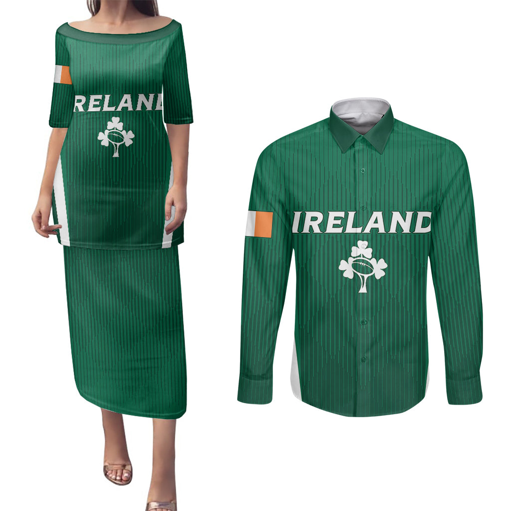 Personalised Ireland Rugby Couples Matching Puletasi Dress and Long Sleeve Button Shirts World Cup 2023 GO Shamrocks LT7 - Wonder Print Shop