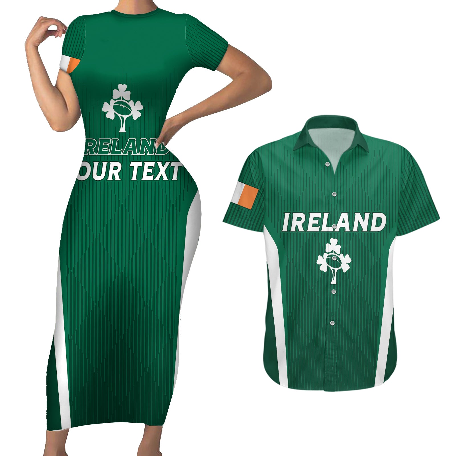 Personalised Ireland Rugby Couples Matching Short Sleeve Bodycon Dress and Hawaiian Shirt World Cup 2023 GO Shamrocks LT7 - Wonder Print Shop