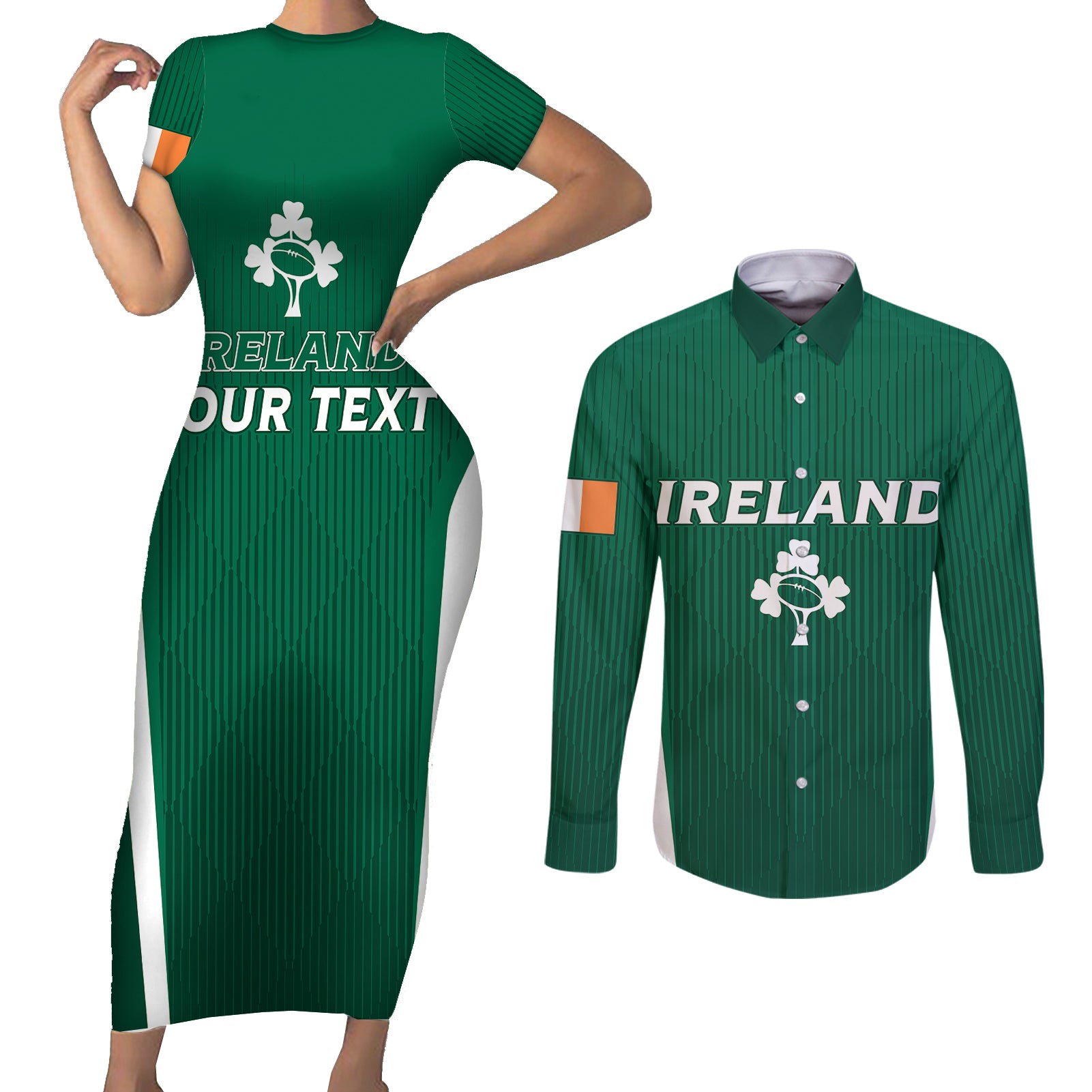 Personalised Ireland Rugby Couples Matching Short Sleeve Bodycon Dress and Long Sleeve Button Shirts World Cup 2023 GO Shamrocks LT7 - Wonder Print Shop