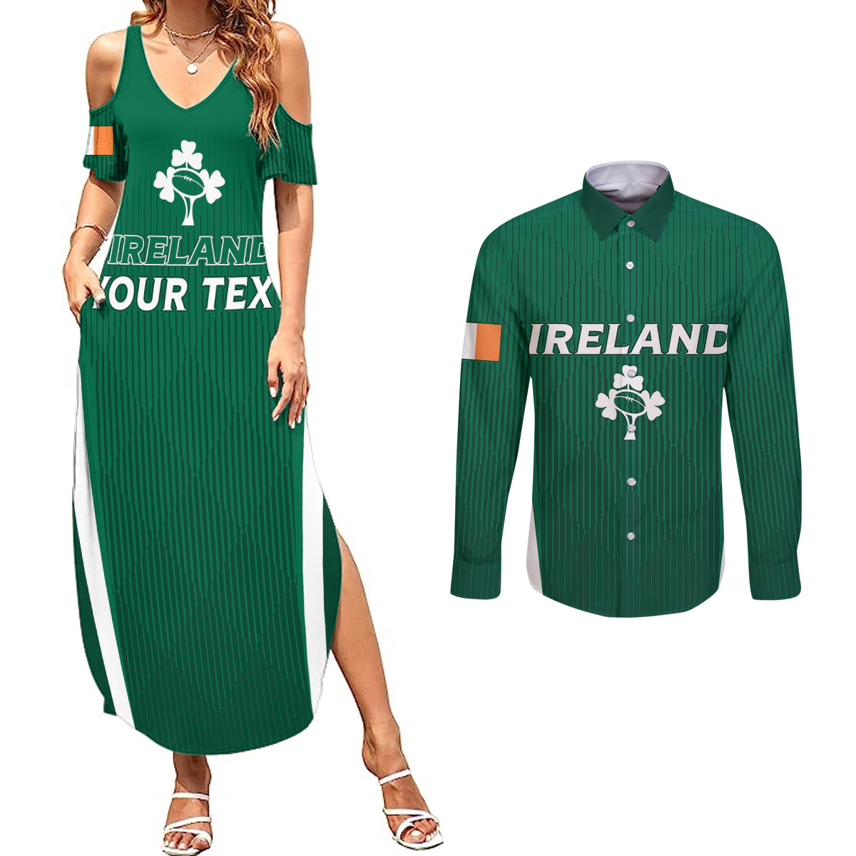 Personalised Ireland Rugby Couples Matching Summer Maxi Dress and Long Sleeve Button Shirts World Cup 2023 GO Shamrocks LT7 - Wonder Print Shop