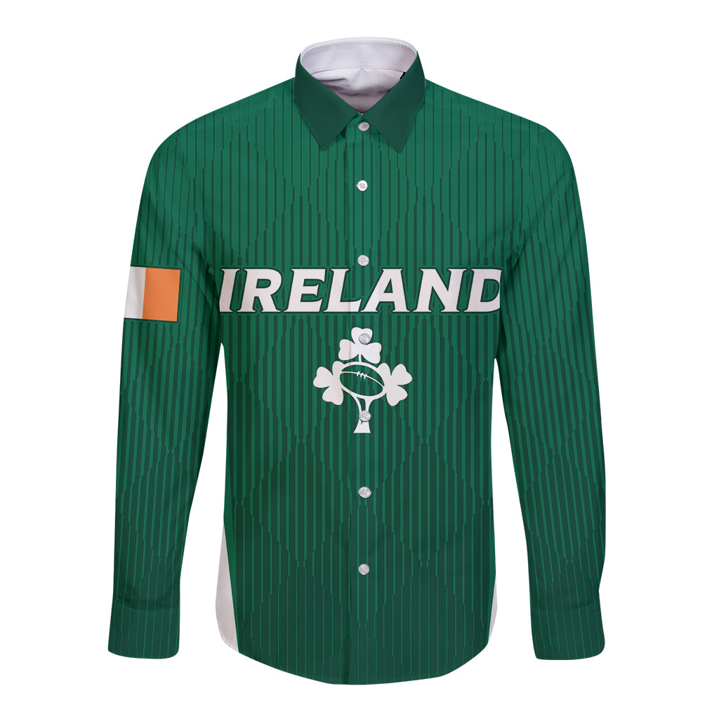 Green long-sleeve button rugby shirt with Ireland print and shamrock emblem