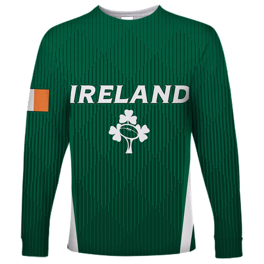 Green rugby long-sleeve shirt with IRELAND text, shamrock crest, contrast sleeve patch