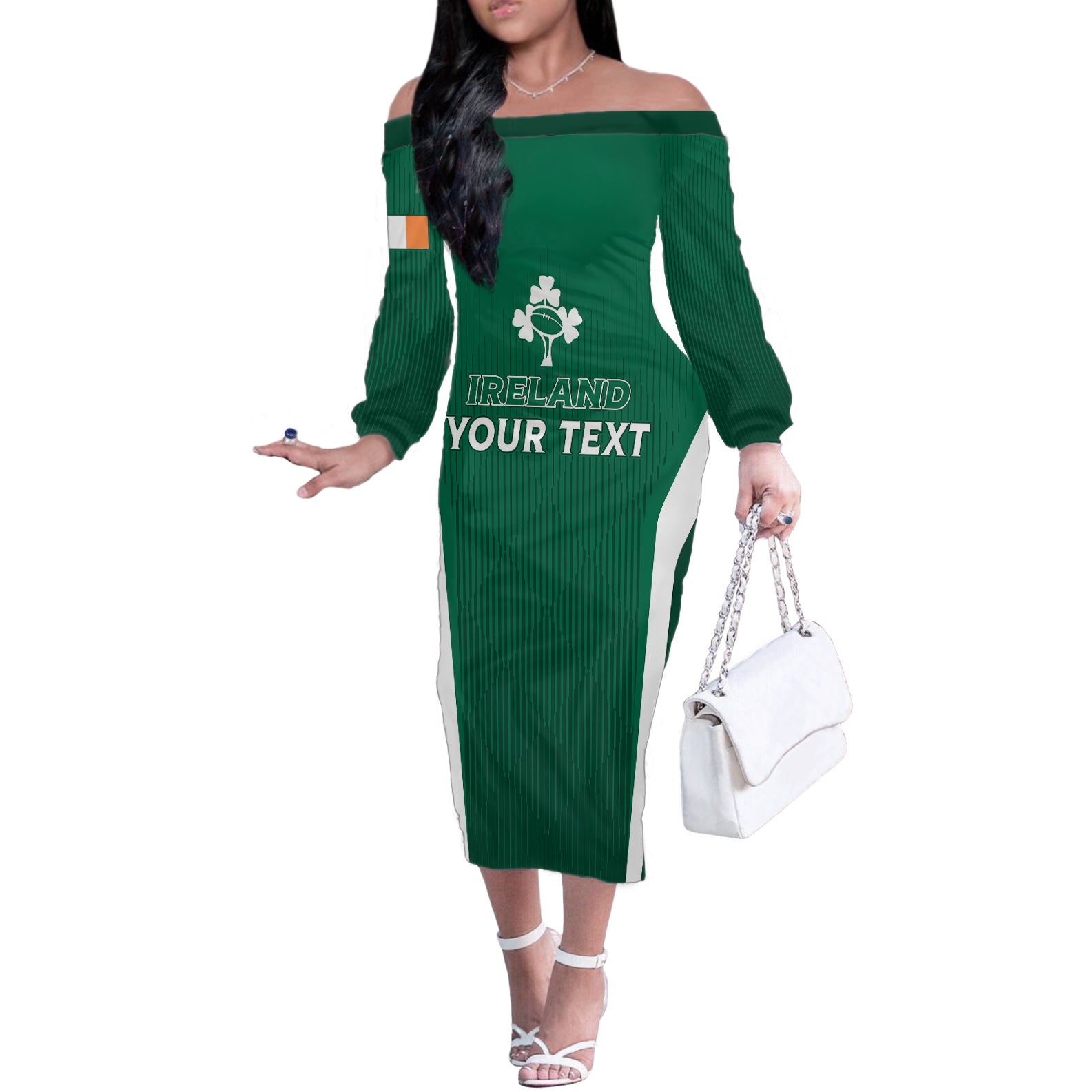 Personalised Ireland Rugby Off The Shoulder Long Sleeve Dress World Cup 2023 GO Shamrocks - Wonder Print Shop