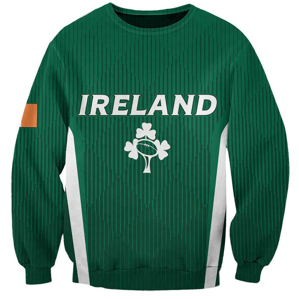 Green crewneck sweatshirt with 'IRELAND' and white shamrock, side stripe panels