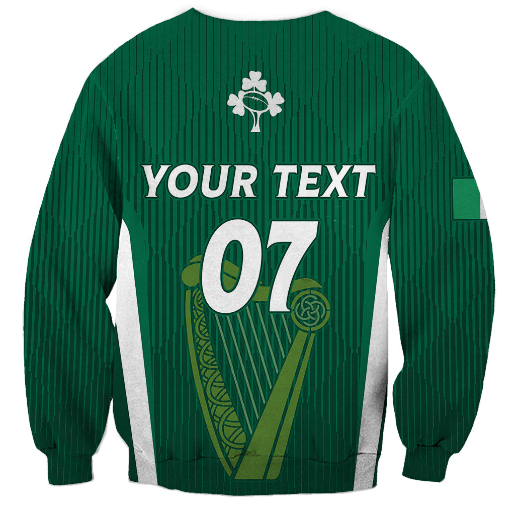 Green crewneck sweatshirt back with 'YOUR TEXT', '07' and shamrock graphic, side stripe