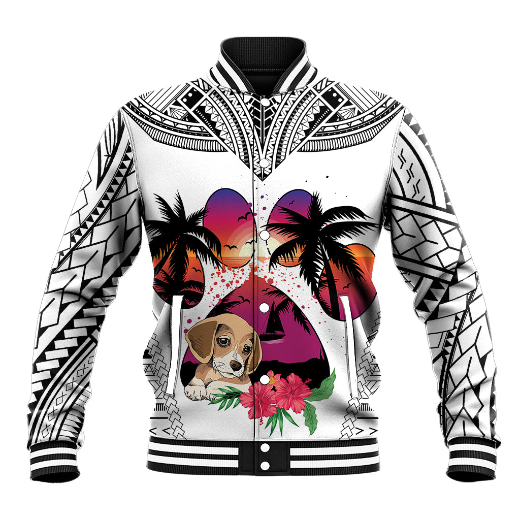 White baseball jacket with black ribbed collar, Polynesian patterns, beagle graphic