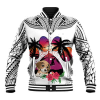 White baseball jacket with black ribbed collar, Polynesian patterns, beagle graphic