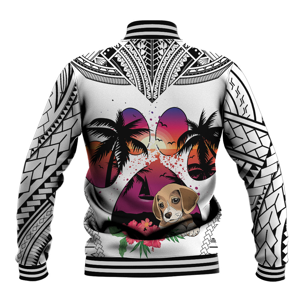 White varsity jacket, black trim and sleeves with geometric print, beagle sunset center
