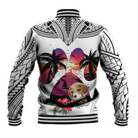 White varsity jacket, black trim and sleeves with geometric print, beagle sunset center