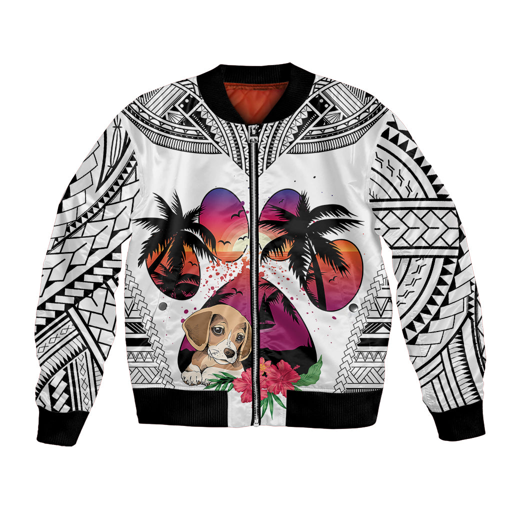 Unisex white bomber jacket with beagle graphic, palm trees, and geometric pattern with black trim