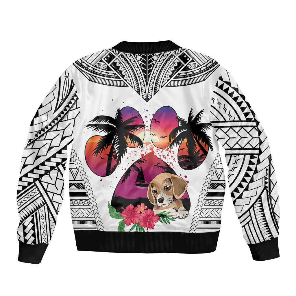 Unisex white bomber jacket with beagle over colorful heart, palm trees, and geometric print