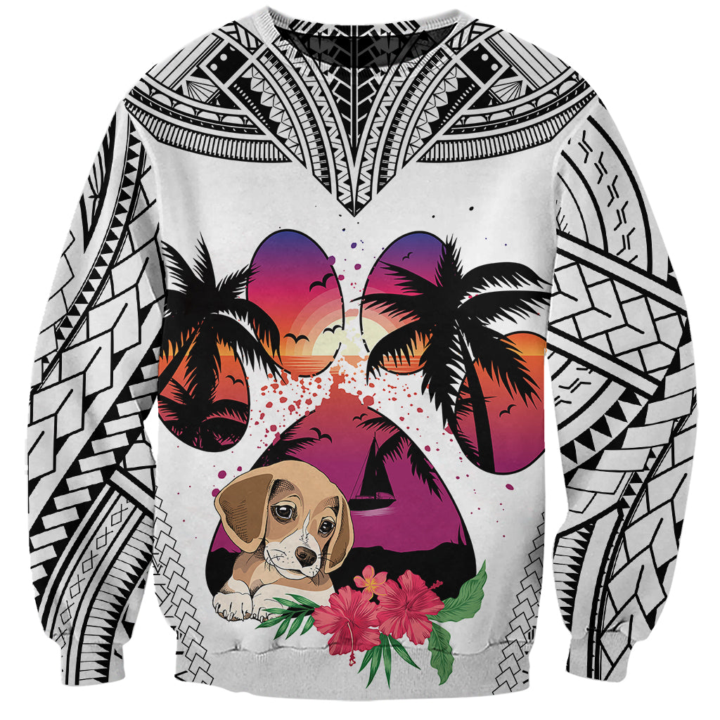 Unisex white sweatshirt with black tribal sleeves and large beagle dog graphic heart