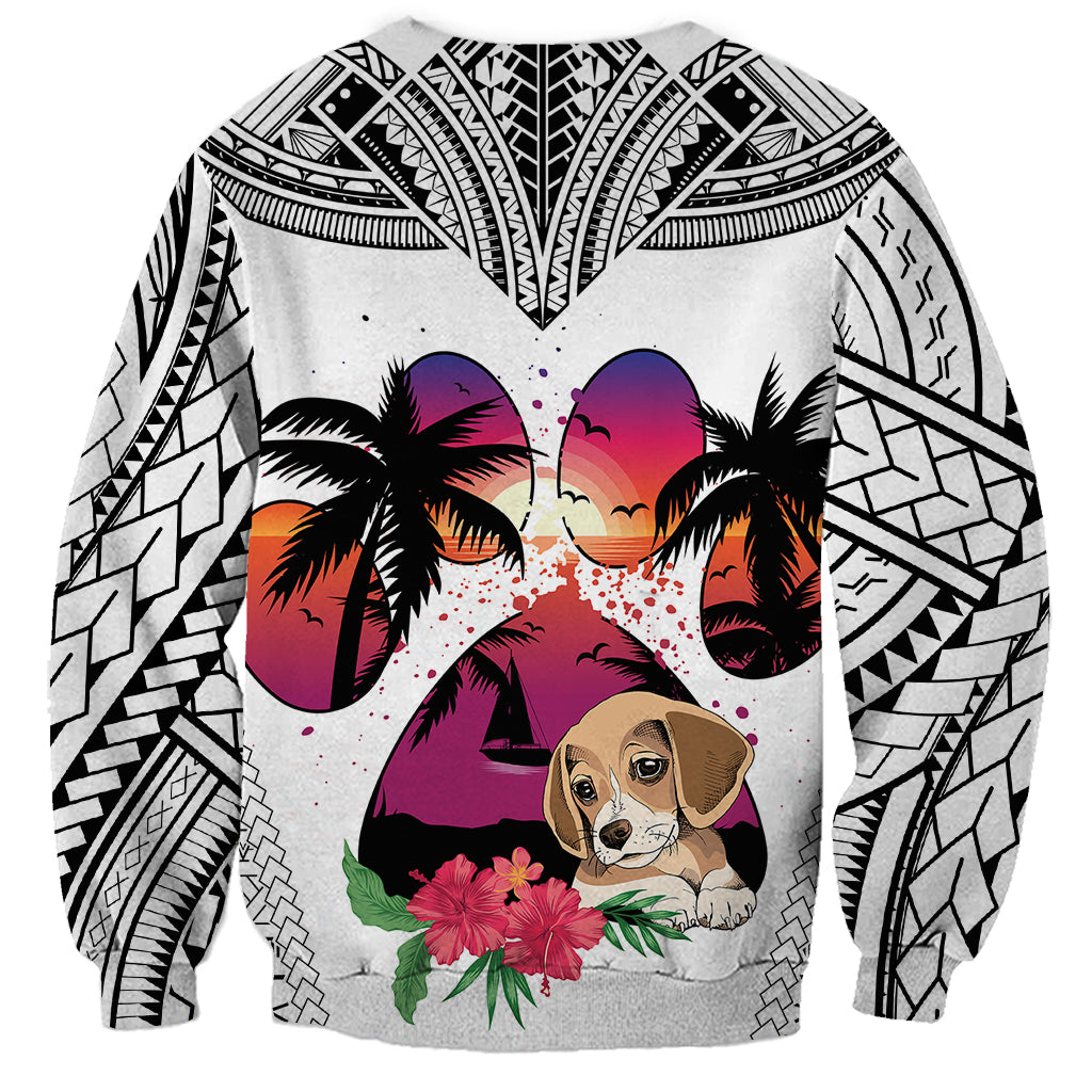 Unisex white sweatshirt with black tribal pattern sleeves and beagle in sunset palm-heart
