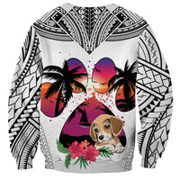 Unisex white sweatshirt with black tribal pattern sleeves and beagle in sunset palm-heart