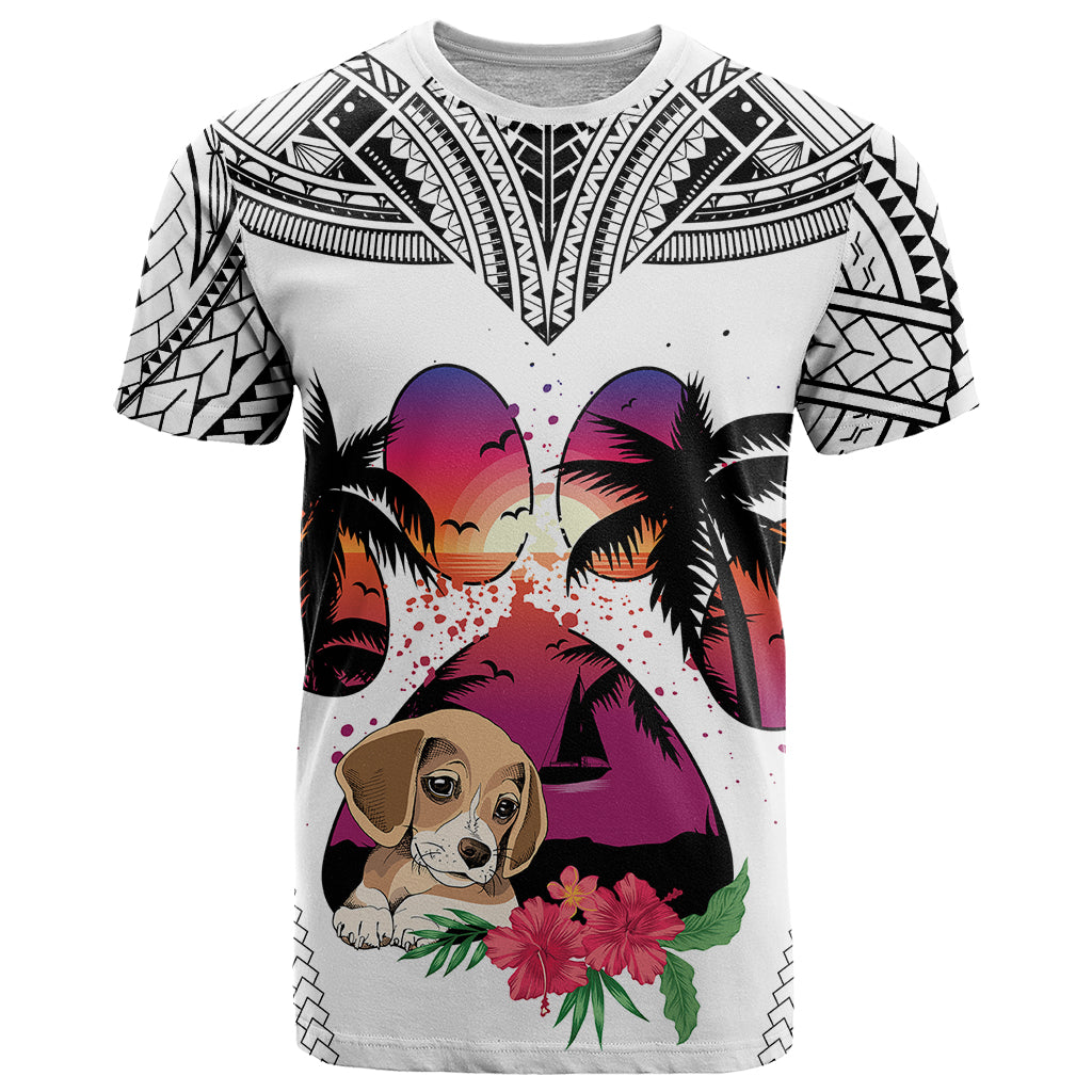 White T-shirt with beagle puppy, palm trees, hibiscus flowers, and Polynesian pattern graphic