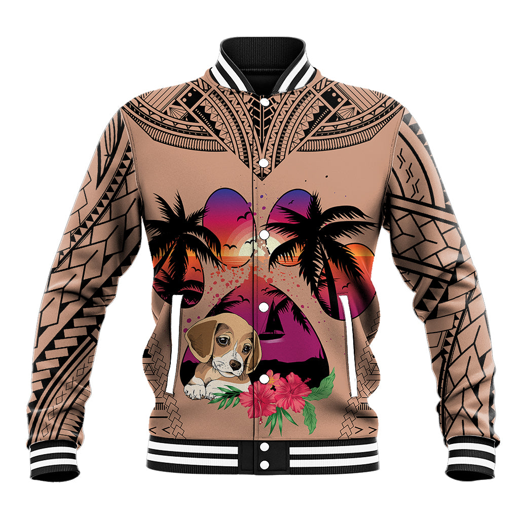Brown unisex varsity baseball jacket with beagle and palm tree sunset graphic