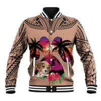 Brown unisex varsity baseball jacket with beagle and palm tree sunset graphic