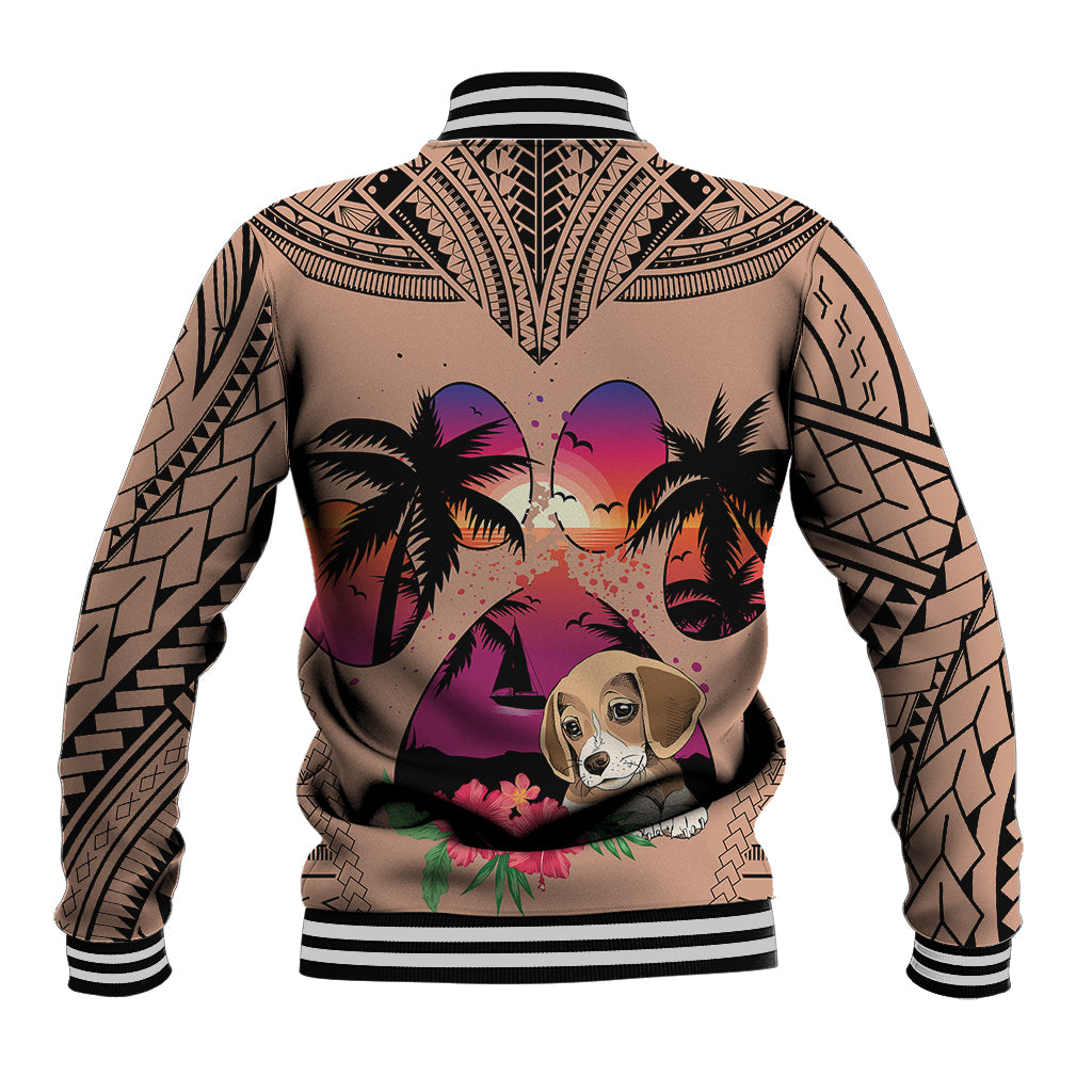 Brown unisex varsity baseball jacket with dog, palms, and tropical sunset on back