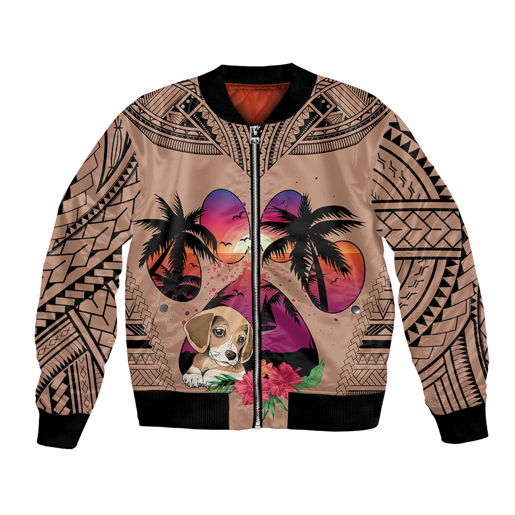 Unisex brown bomber jacket with full-zip front and colorful beagle graphic at center