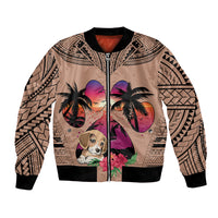 Unisex brown bomber jacket with full-zip front and colorful beagle graphic at center