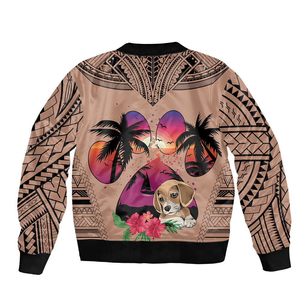 Unisex brown bomber jacket with palm tree and beagle dog print, ribbed cuffs