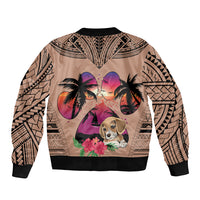 Unisex brown bomber jacket with palm tree and beagle dog print, ribbed cuffs