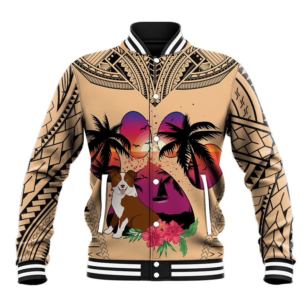 Unisex baseball jacket with ribbed black collar and border collie tropical sunset print