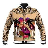 Unisex baseball jacket with ribbed black collar and border collie tropical sunset print