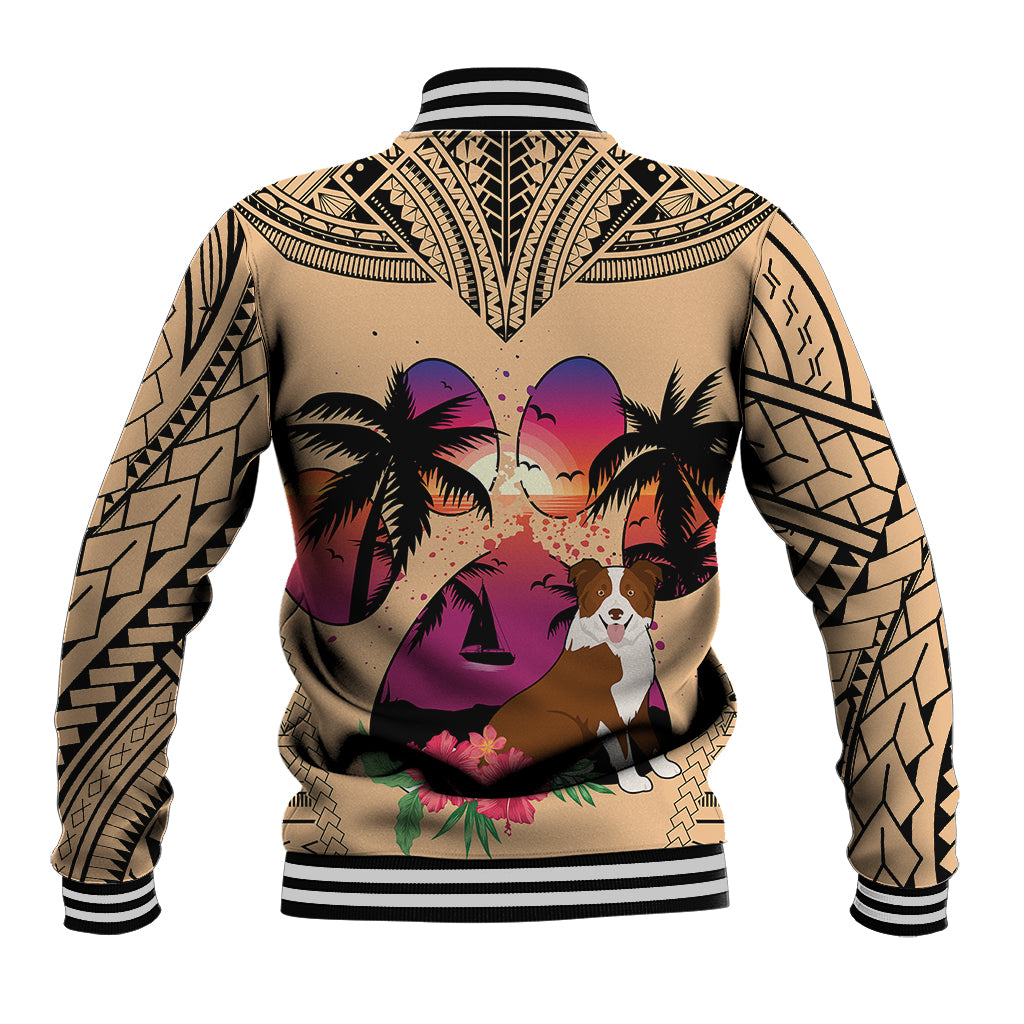 Unisex baseball jacket with ribbed black cuffs and border collie back tropical sunset print