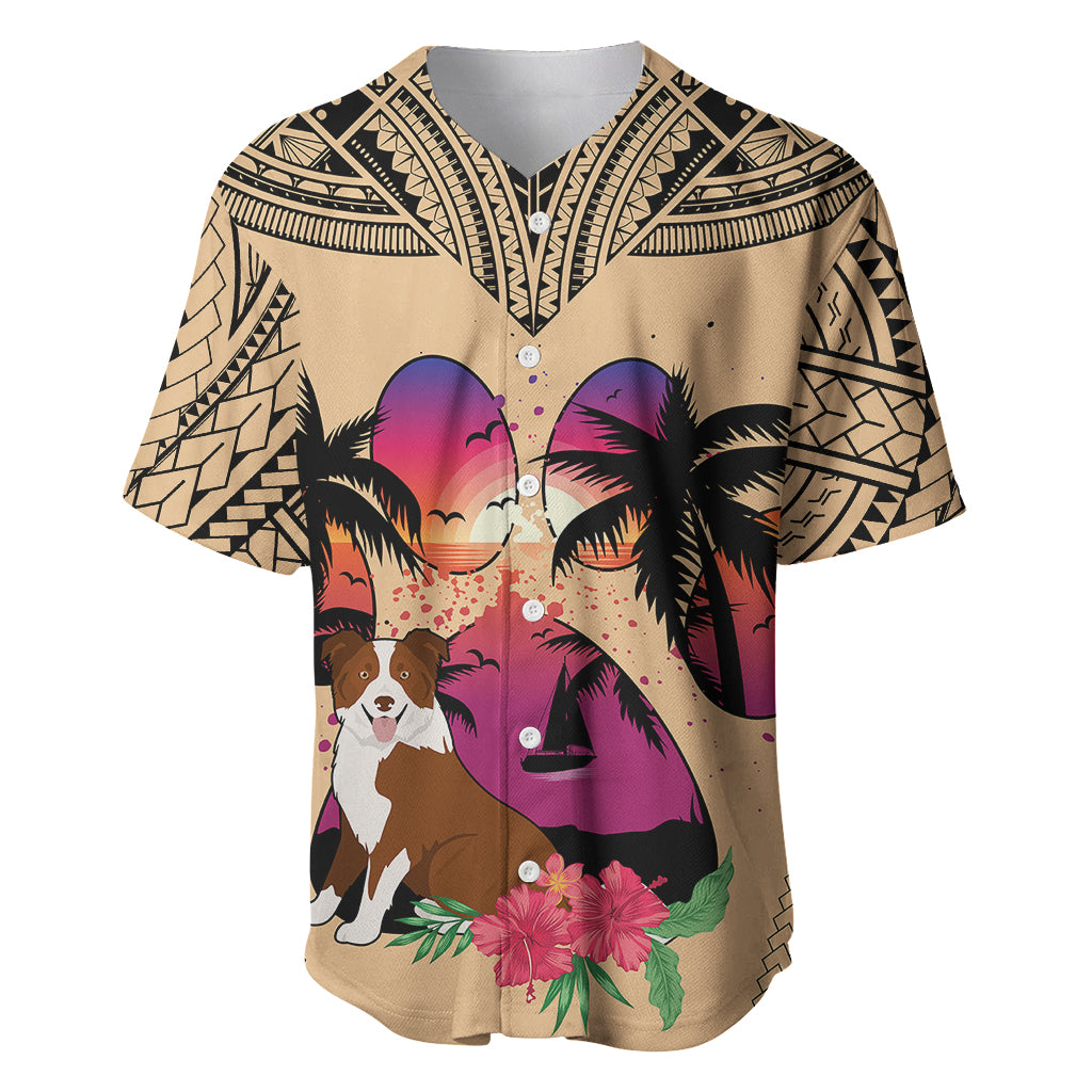 Tan Polynesian baseball jersey with border collie, palms, sunset colors, and floral print