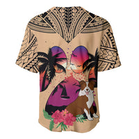 Tan baseball jersey with Polynesian tribal border, border collie, palms, pink sunset graphic
