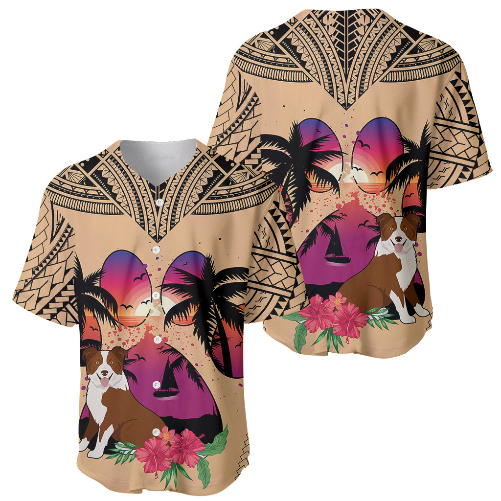 Set of two tan baseball jerseys with border collie, palm trees, and floral sunset design
