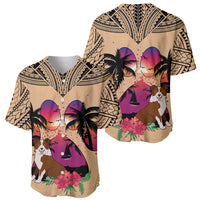 Set of two tan baseball jerseys with border collie, palm trees, and floral sunset design
