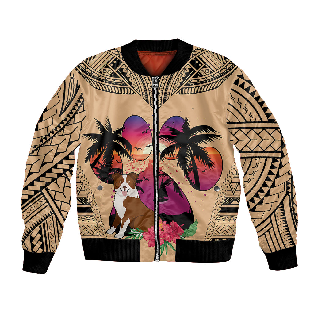 Tan bomber jacket with black ribbed collar, zipper, and border-pattern dog graphic