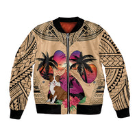Tan bomber jacket with black ribbed collar, zipper, and border-pattern dog graphic