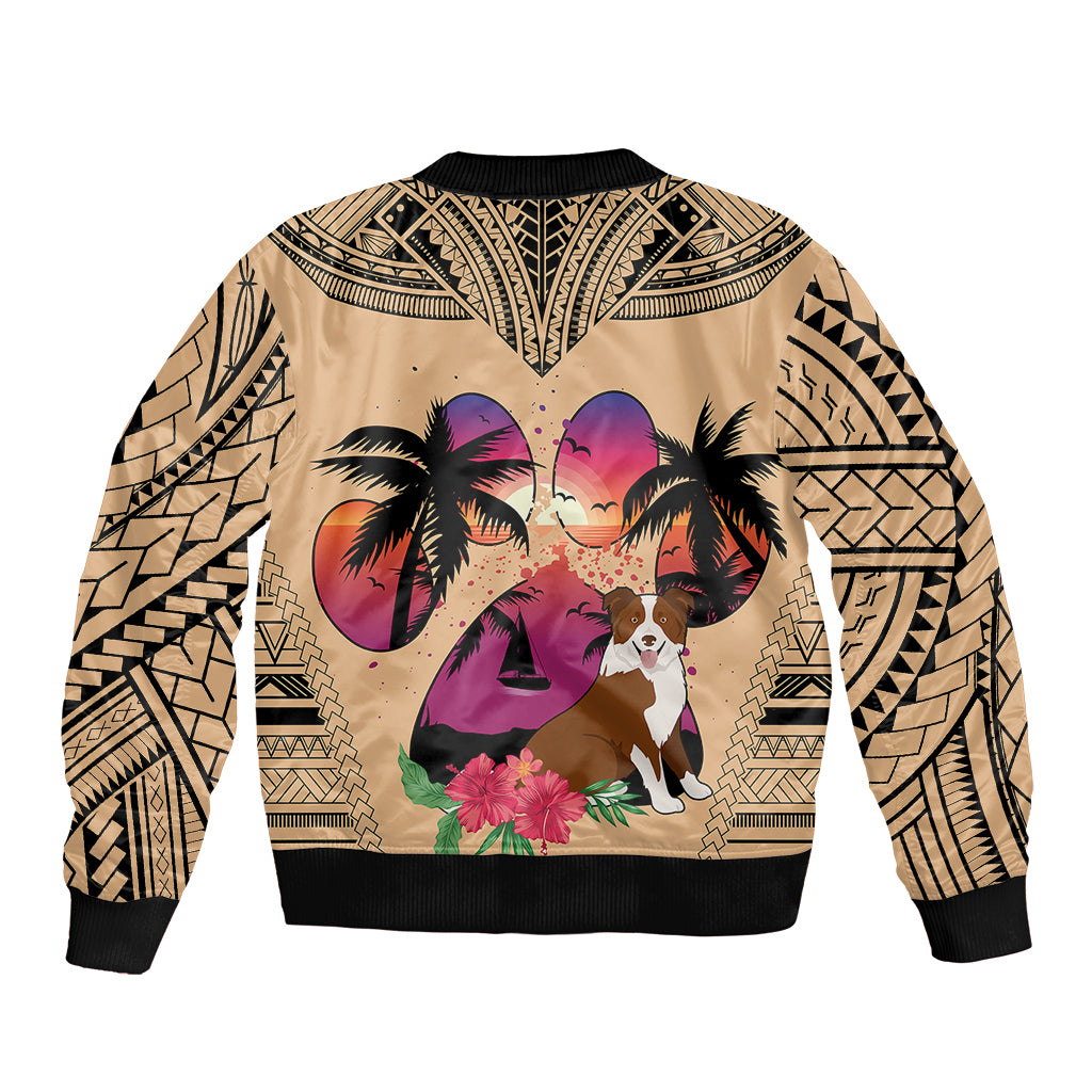 Tan bomber jacket with black sleeves and geometric border, featuring Border Collie artwork