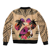 Tan bomber jacket with black sleeves and geometric border, featuring Border Collie artwork