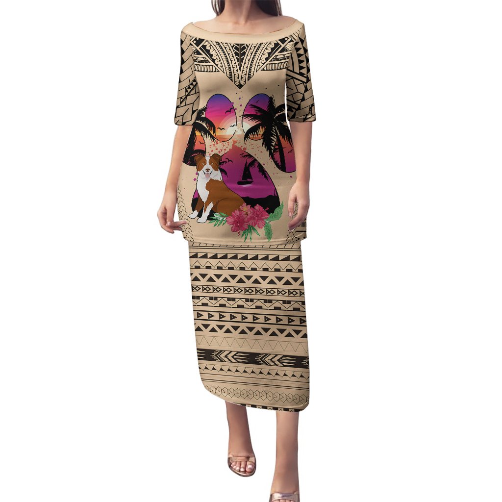 Long off-shoulder dress with geometric border and colorful dog portrait graphic on front