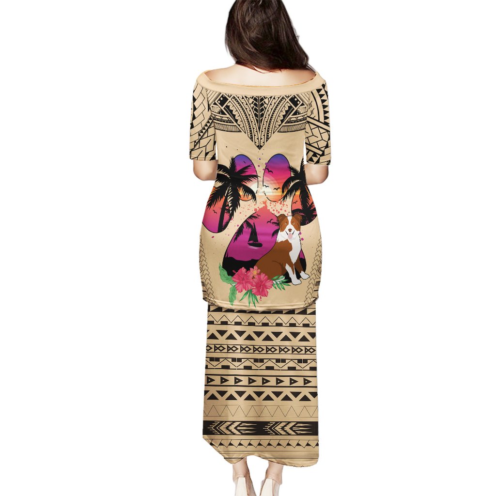 Long pulletasi dog lover dress, off-shoulder, dog graphic with tribal border hem