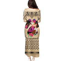 Long pulletasi dog lover dress, off-shoulder, dog graphic with tribal border hem