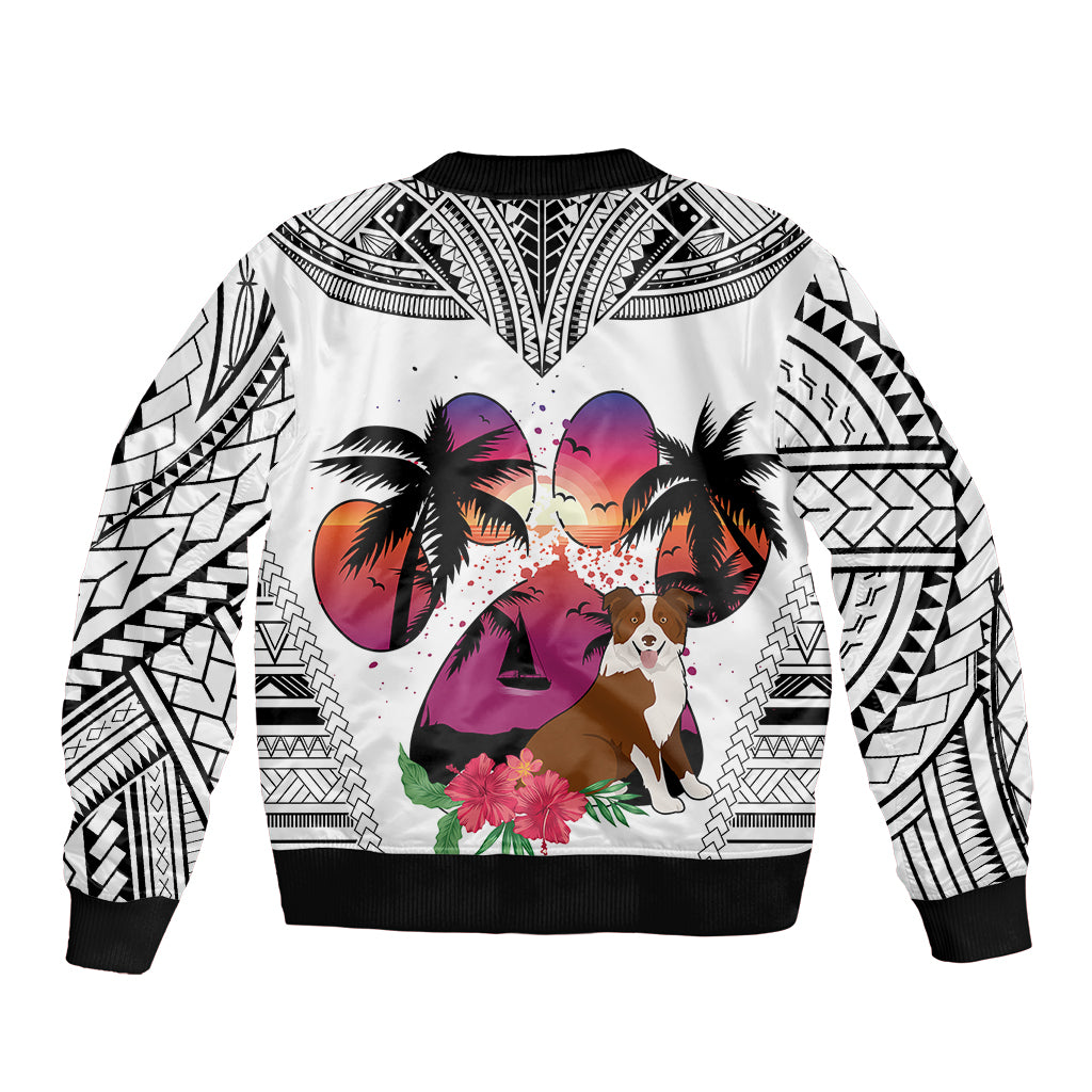 White unisex bomber jacket with geometric border print, dog and heart wings, flower accents