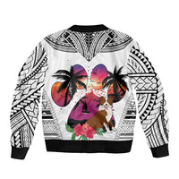 White unisex bomber jacket with geometric border print, dog and heart wings, flower accents