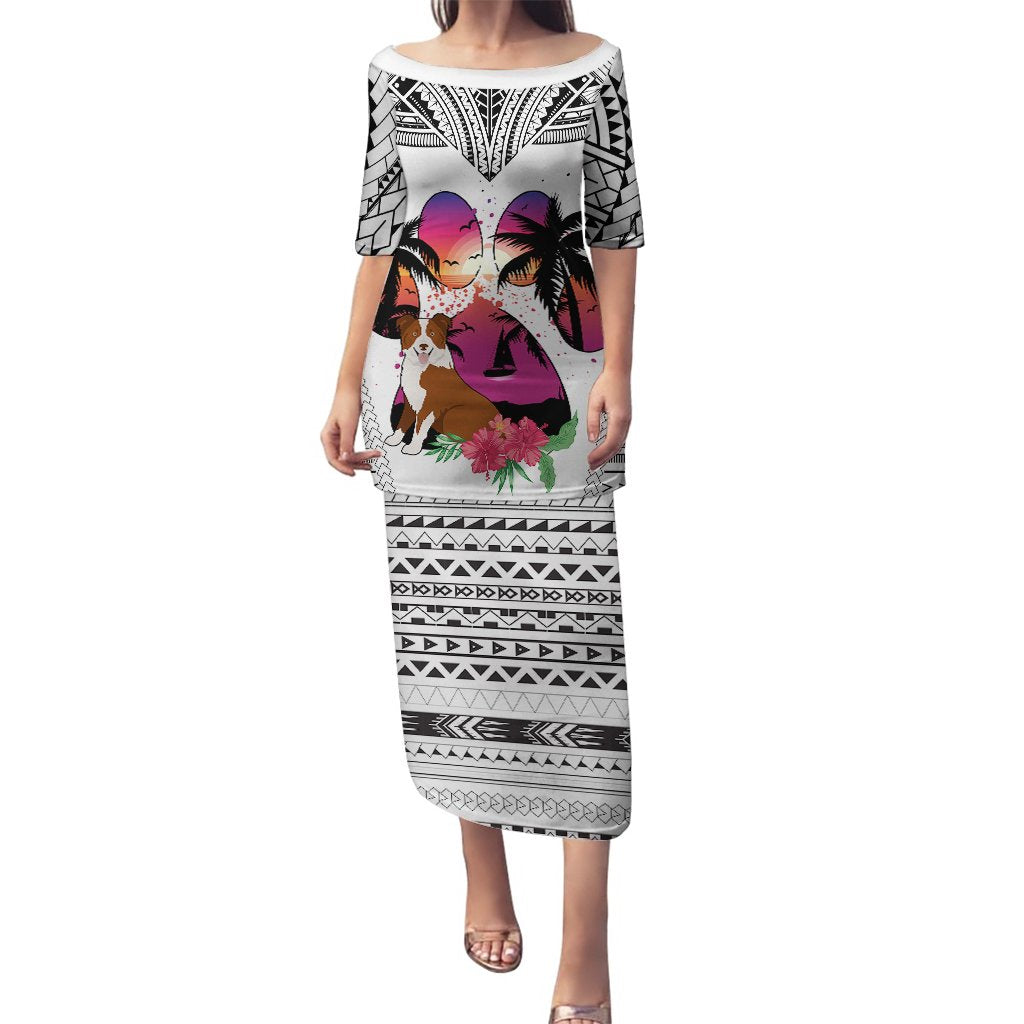 Women's long off-shoulder dress, white with dog and tribal border print