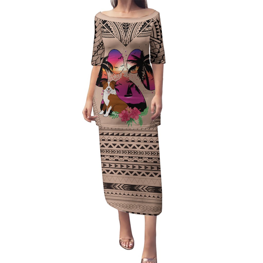 Brown tribal long dress with dog graphic, off-shoulder neckline and patterned hem