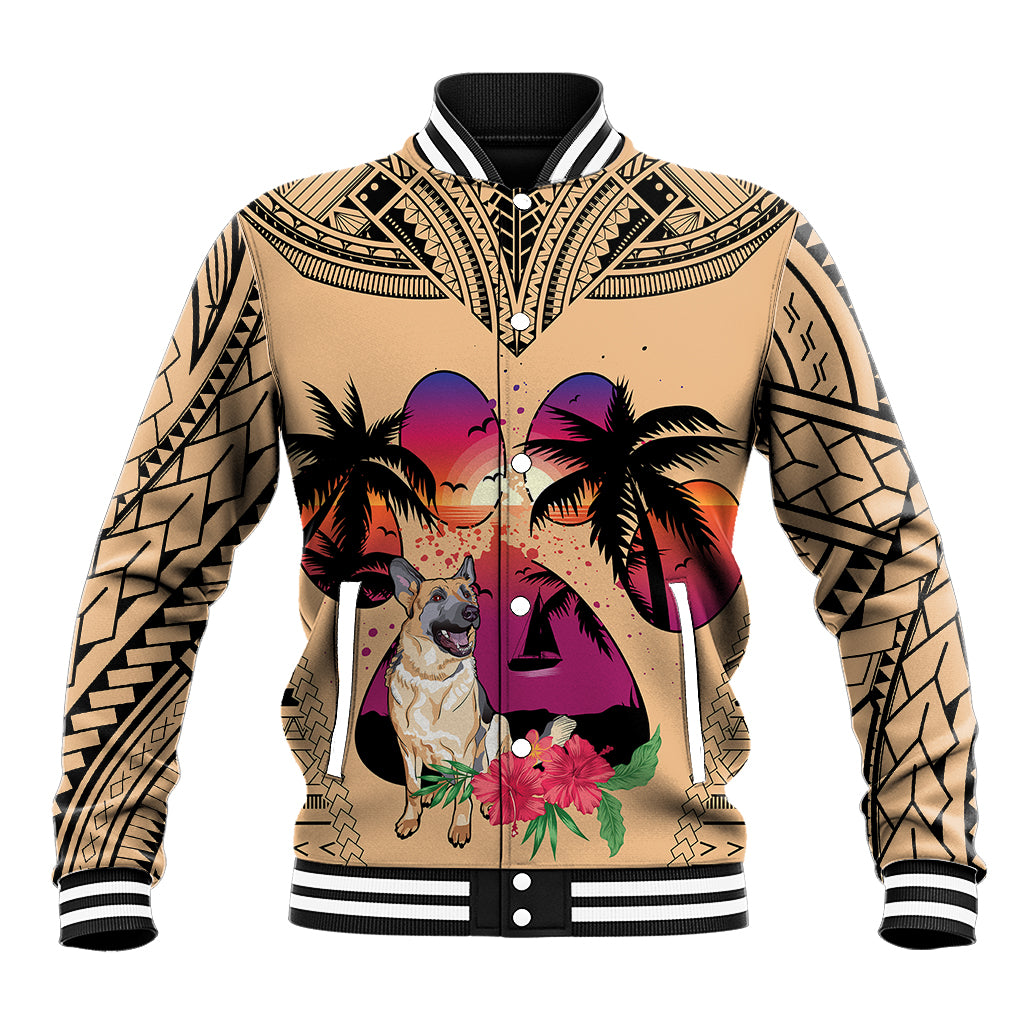 Men's coral baseball jacket with Polynesian patterns and German Shepherd front graphic