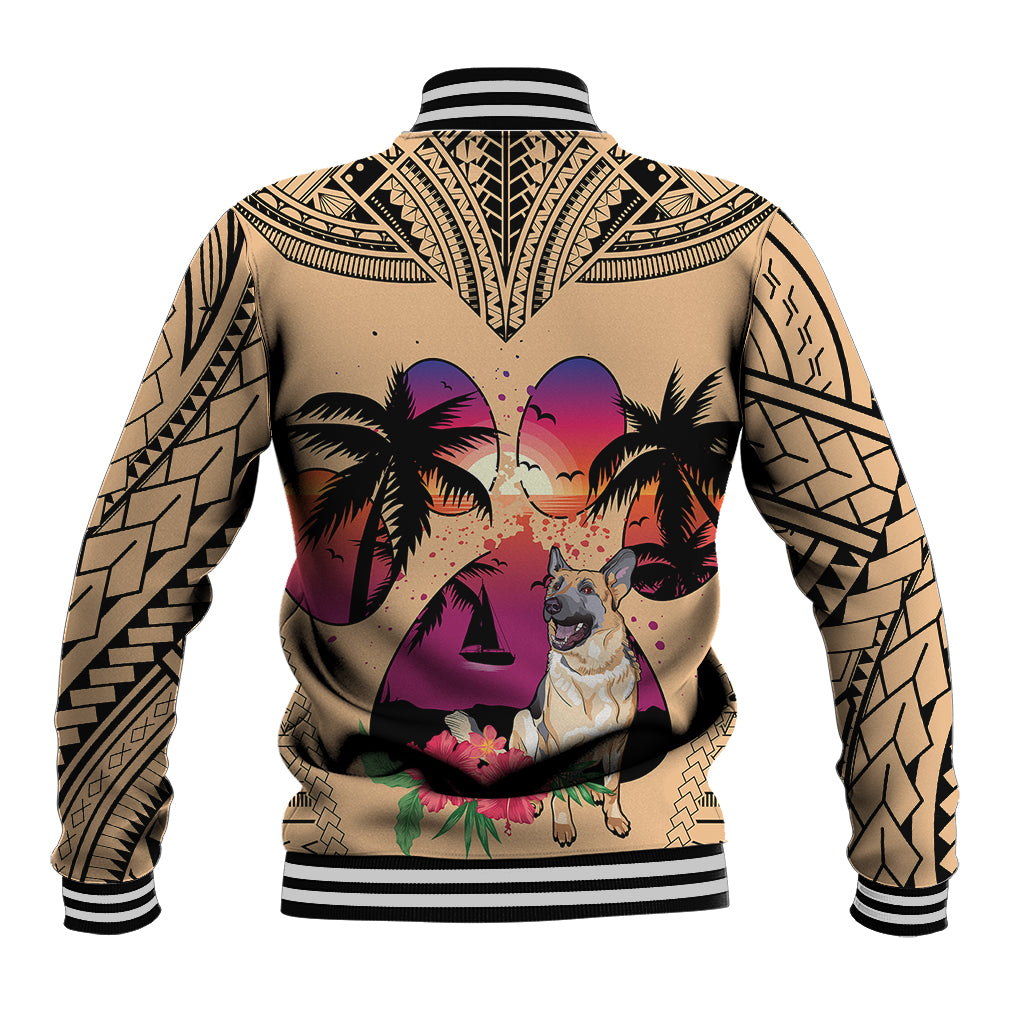 Coral baseball jacket with striped collar, cuffs, and centered German Shepherd artwork