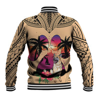 Coral baseball jacket with striped collar, cuffs, and centered German Shepherd artwork